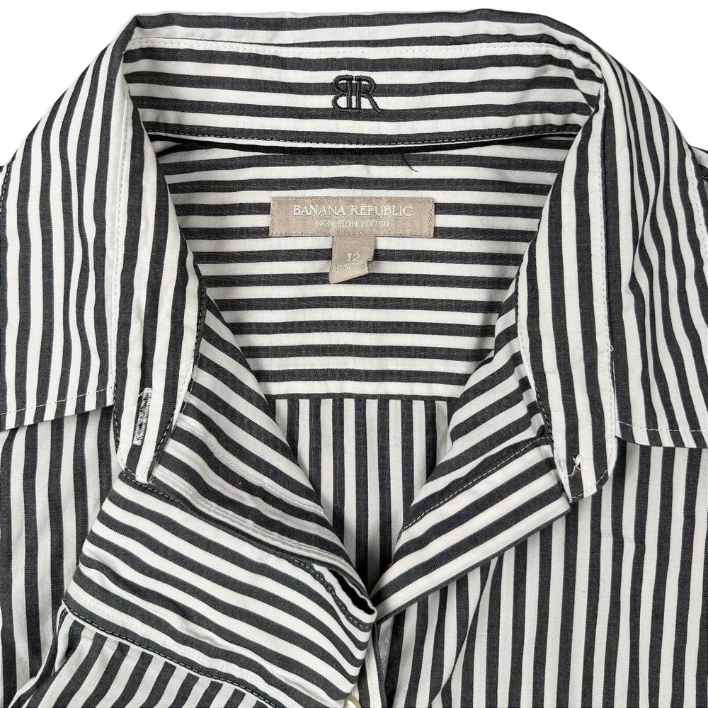 Banana Republic Non-Iron Fitted Stripe Button Down Shirt Black White Size 12